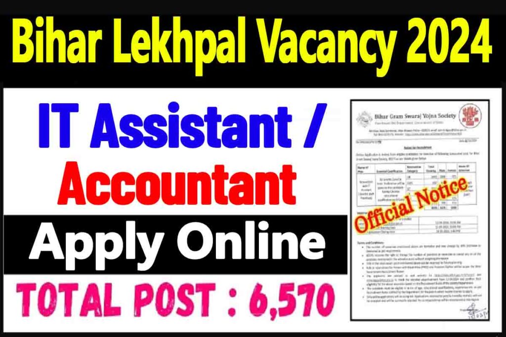 Bihar Lekhpal IT Sahayak Vacancy 2024, Apply Online For 6570 IT Assistant Recruitment